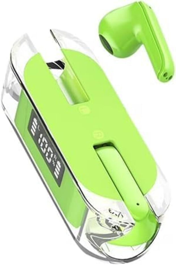 True Wireless Bluetooth Earbuds with LED Display Charging Case, Transparent Design, Sweatproof TWS Headset