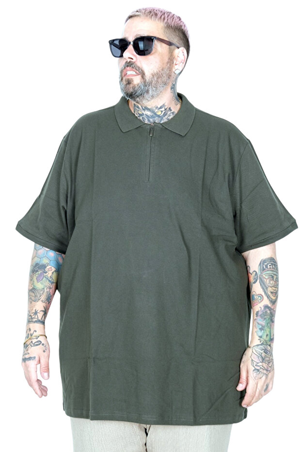 Mode XL Large Size T-Shirt Polo Zipper Without Pocket Pique 25550 Haki