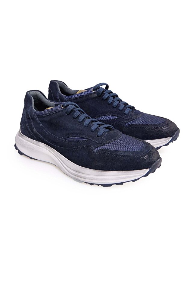 Dark Blue Color Lace-Up Genuine Leather Suede Men's Shoes