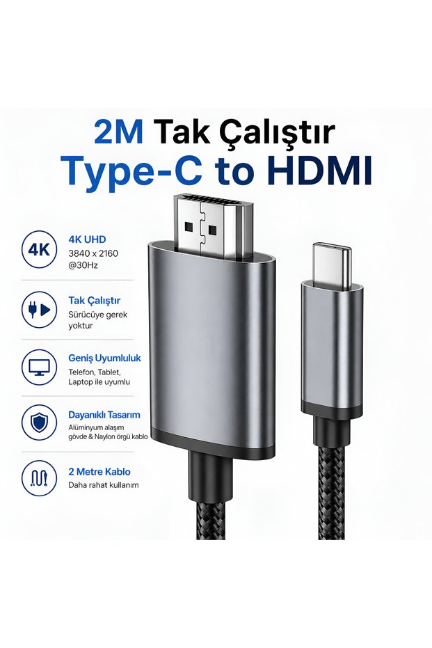Type-C to HDMI Cable 2 Meters 4K Uhd Image Transfer Cable Plug and Play Tv Monitor Phone MacBook Laptop Tablet Compatible