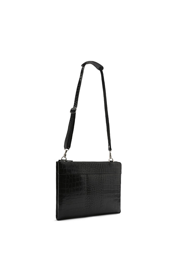 Madrid Unisex Genuine Leather Crocodile-Embossed Shoulder Bag with Slim Adjustable Strap, Zip Closure and Silver-Tone Hardware – Black / Green
