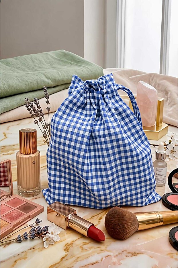 Checkered Eco-Friendly Linen Drawstring Organizer Pouch, Gift Pouch, Makeup Bag