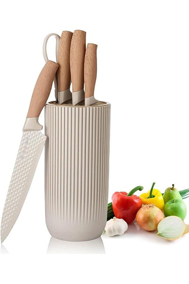 6-Piece Kitchen Knife Set with Wooden Handles, Stainless Steel Blades, Universal Knife Block, 30cm Chef Knife, Kitchen Scissors