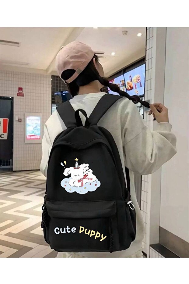 Black Cut Puppy Printed School, Class, Course Backpack