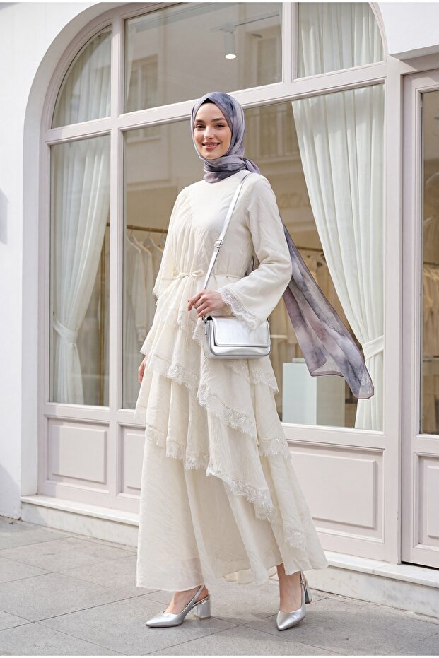 Lace Detailed Layered Belted Lined Tulle Modal Dress -White
