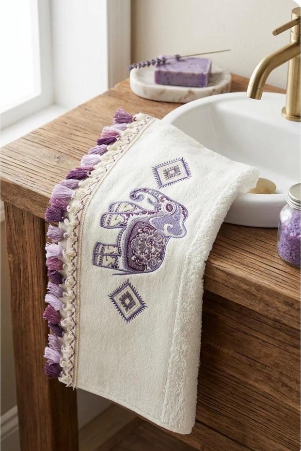 Elphia | Patented Design - Soft Textured Tassel Embroidered Hand-Face Towel - 100% Cotton, Stylish, Ethnic Design Towel (50X90 cm)