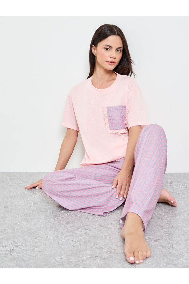 Pink Striped Ruffle Edge Pocket T-Shirt and Straight Pyjama Set