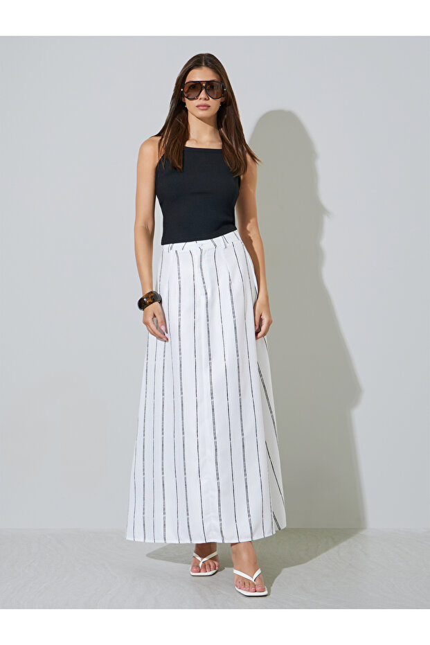 White A-Line Maxi Skirt with Pinstripes