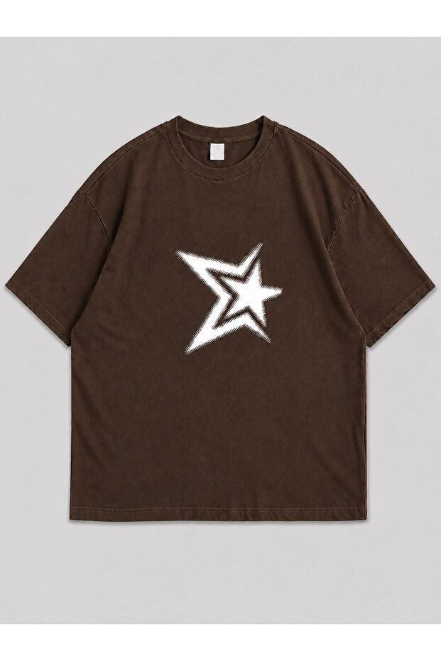 Unisex Y2K Star Printed Oversized T-Shirt Brown