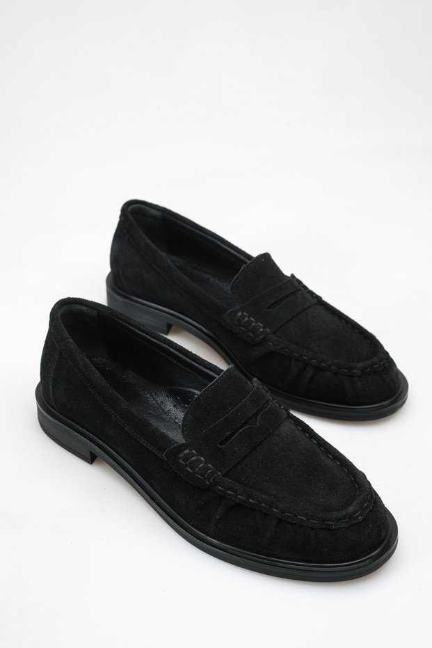 Black Suede Genuine Leather Women's Loafer Shoes Non-Slip Sole Vanessa