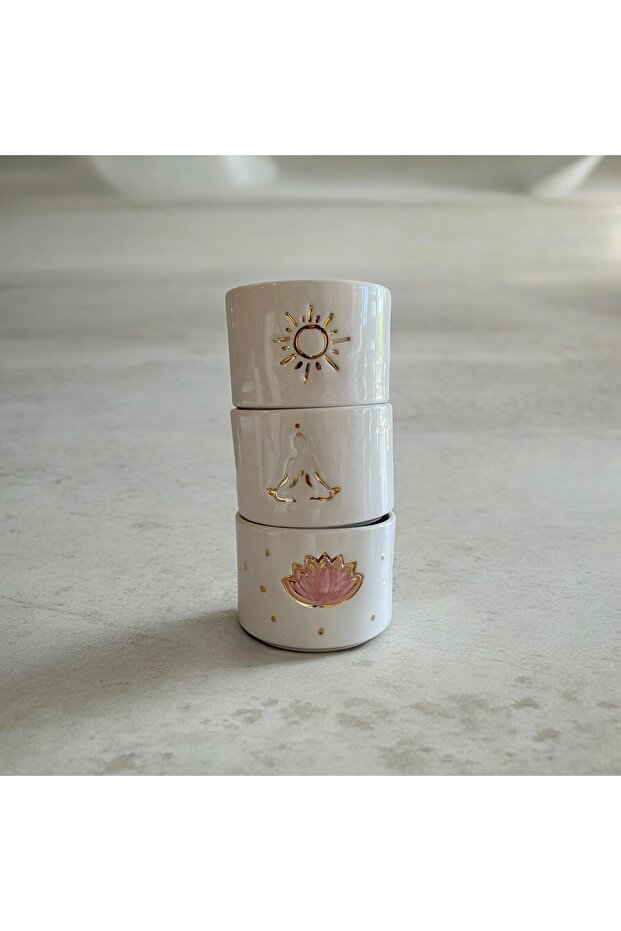 Sun, Yoga, Lotus Handmade Ceramic 3-Piece Mug, Cold Drink Cup with Gold Detail