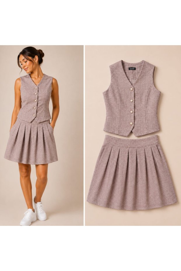 Women's Textured Vest & Pleated Skirt Co-Ord Set