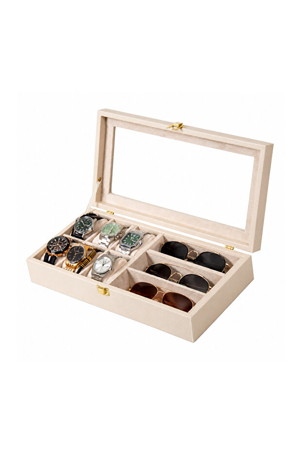 6-Watch and 3-Glasses Compartment Leather Organizer Box with Glass Lid | Watch and Glasses Storage Box
