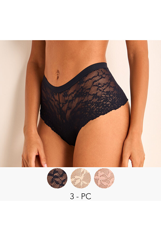 Set of 3 - Full Briefs High Waist Lace Design