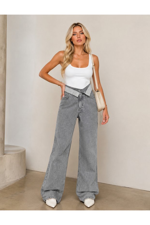 Women's Anthracite High Waist Belt Detailed Wide Leg Jeans
