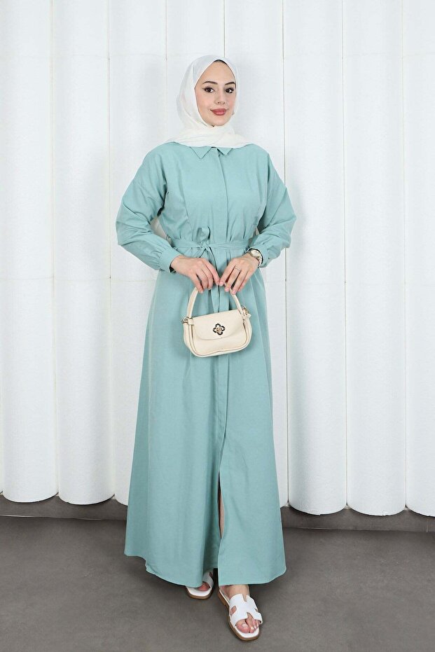 Hidden Button Belted Terry Cotton Dress Hnt0316 Mint Green
