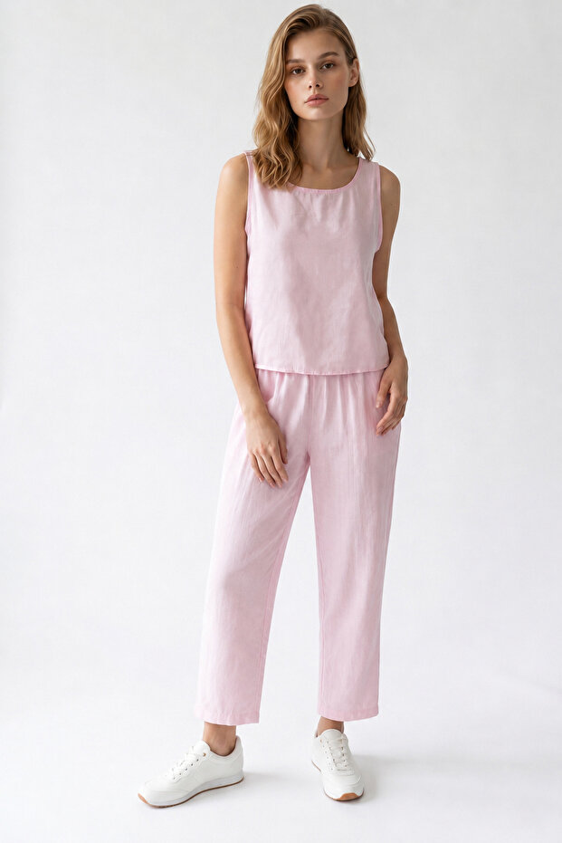 2152 Women's Crew Neck Blouse Elastic Waist Pants Set Pink