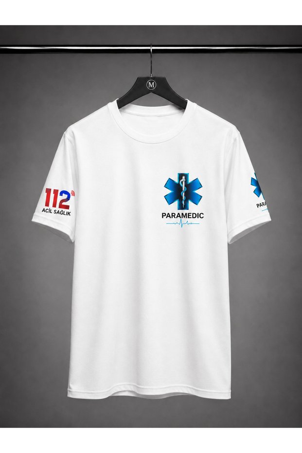 Paramedic Clothing T-Shirt,112 Emergency Healthcare T-Shirt,White Combed Cotton 100% Cotton,Paramedic