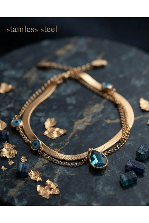 316L Steel Evil Eye Bead Detailed Blue Zircon Stone Model Italian Chain Gold Color Bracelet