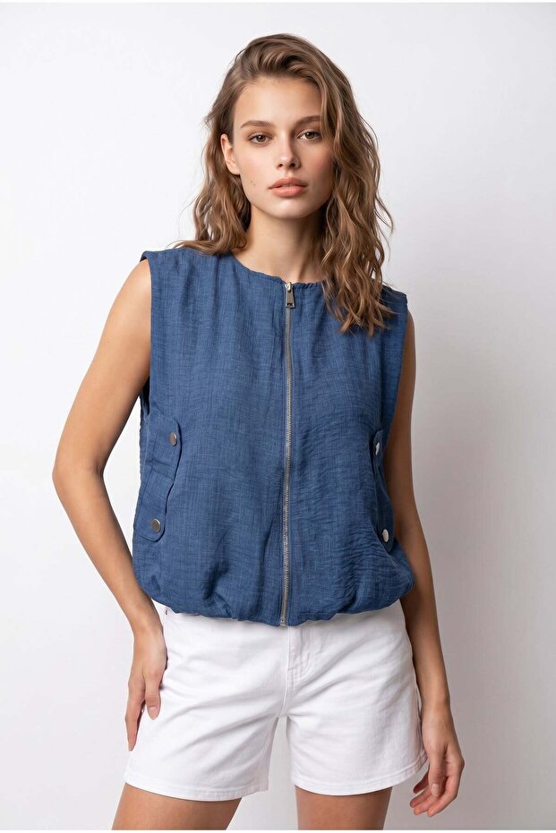 2154 Women's Linen Look Zippered Snap Pocket Lined Vest Navy Blue