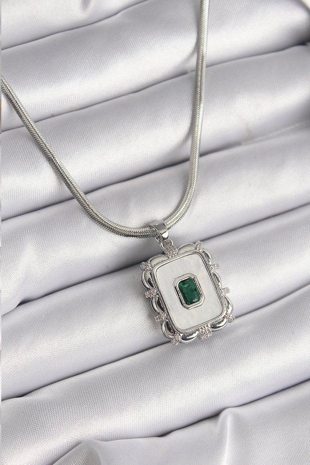 316L Steel Silver Color Italian Chain White Pearlescent Square Portrait Model Emerald Stone Detail Women's Necklace