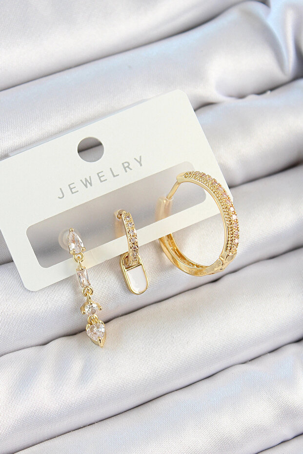 Brass Zircon Stone Dangle Model Gold Color 3-Piece Double Women's Earring Set