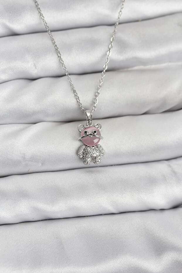 316L Steel Chain Silver Color Teddy Bear Model Zircon Stone Women's Necklace