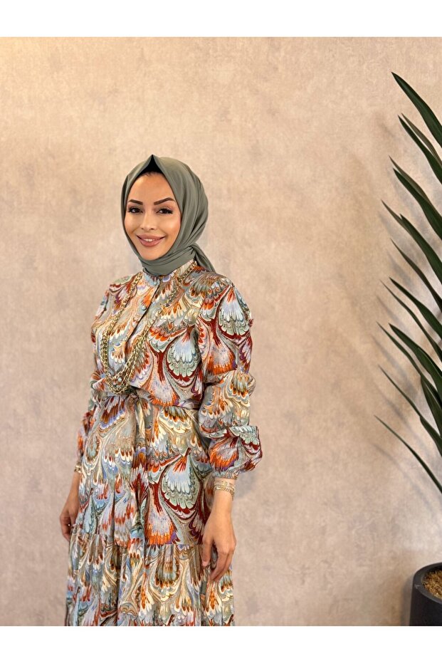 3744 فستان منقوش بأزرار أمامية - 2