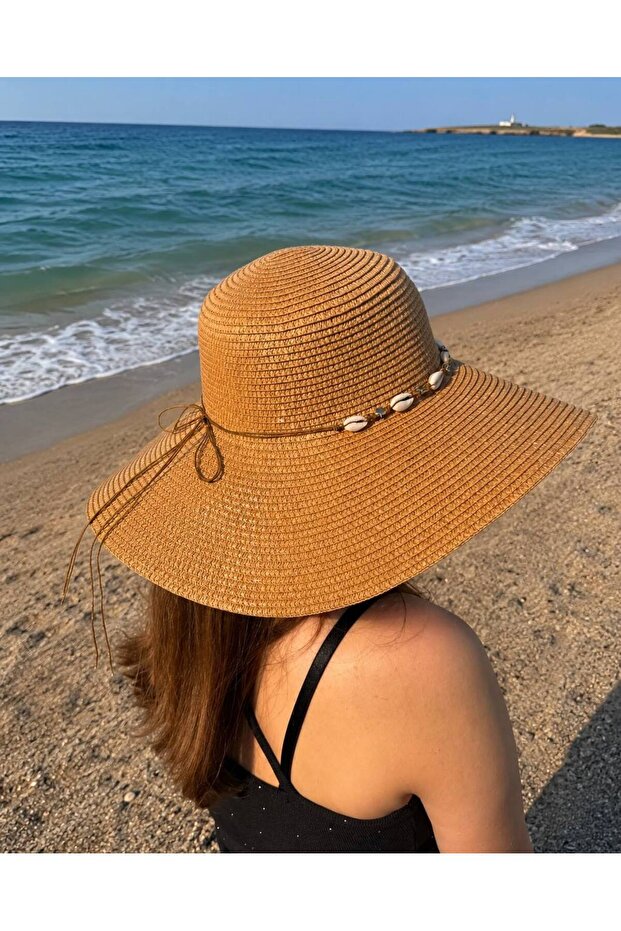 Women's Seashell Detailed Lace-Up Wide Brim Straw Beach Hat 45 cm – Brown
