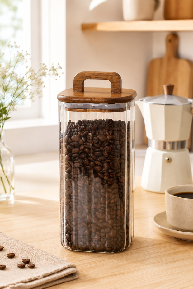 1500 ml Kare Line Glass Jar – Transparent Dry Food Storage Container with Wooden Lid and Handle