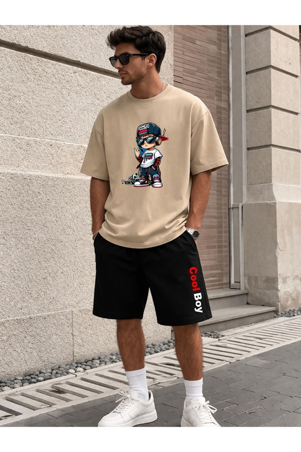 Unisex Oversize T-Shirt Shorts Set Black Summer Comfortable Fit Daily Street Style 2-Piece Set Cool Boy Printed