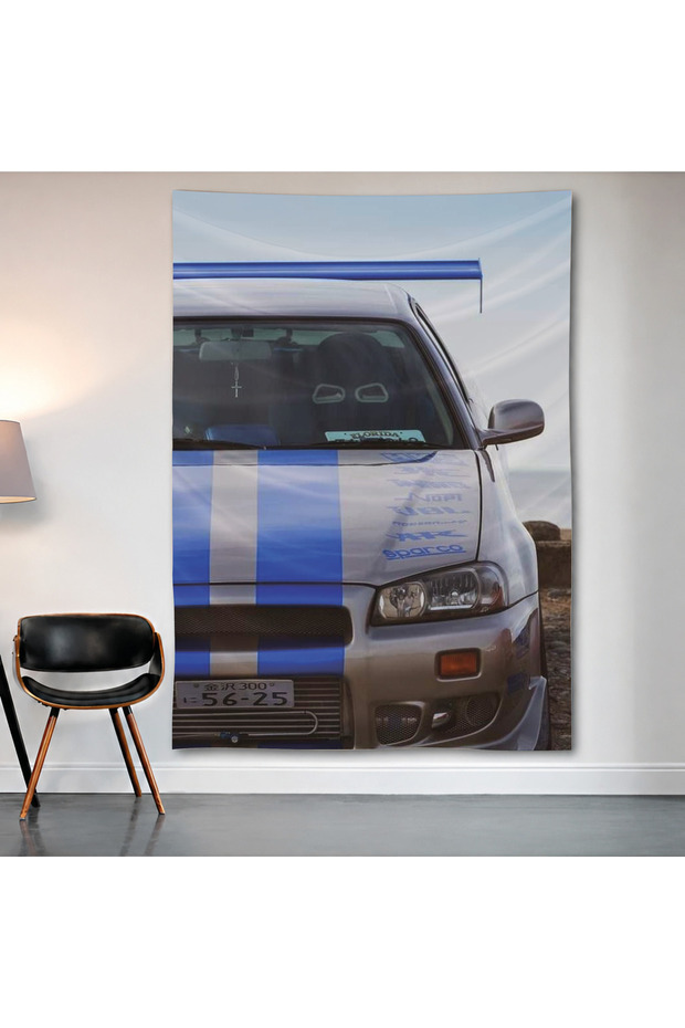 Nissan Skyline Gt-R R34 Blue Wall Cloth Wall Tapestry First Quality Satin Fabric Poster