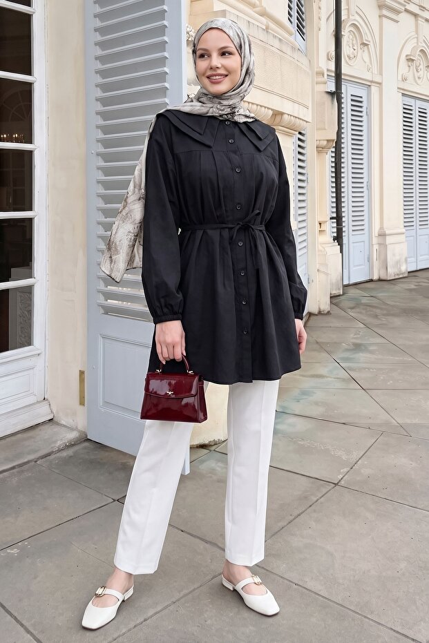 Baby Collar Buttoned Black Tunic