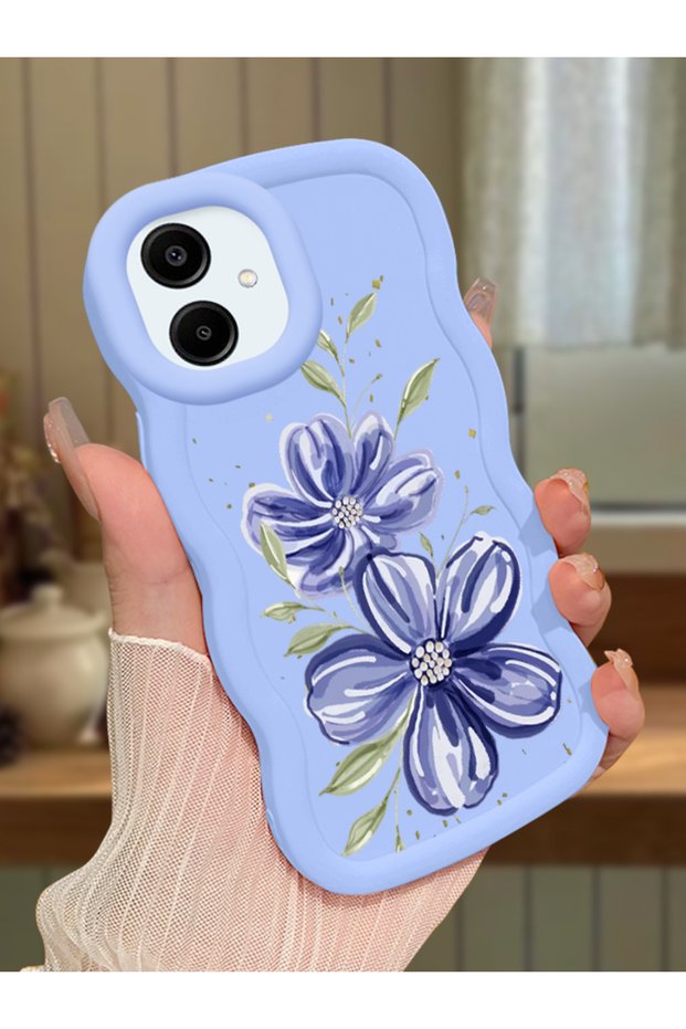 Samsung Galaxy A06 Compatible Case Camera Protector Blue Silicone Couple Phone Case Floral Pattern