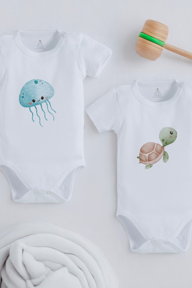 Organic 100% Cotton Cute Sea Animals 2-Piece Design Baby Bodysuit 1291-1341