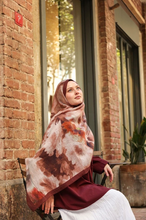 Allure Abstract Floral Pattern Tencel Shawl - Burgundy Brown
