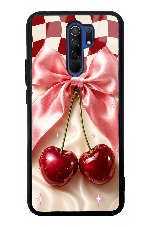 Xiaomi Redmi 9 Glossy Phone Case with Cherry Picnic Bow Design