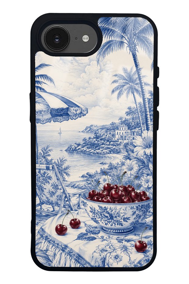 iPhone 16E Blue Porcelain Cherry Coast Design Glossy Phone Case