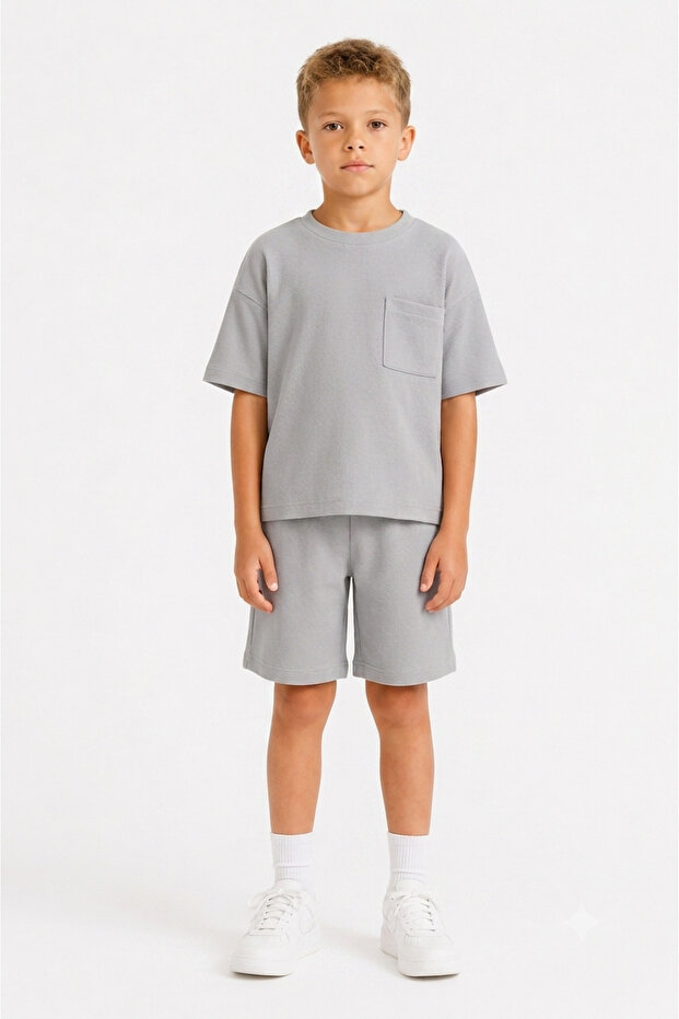 Boy's 5-12 Years Old Honeycomb Textured Oversize Shorts and T-Shirt Set