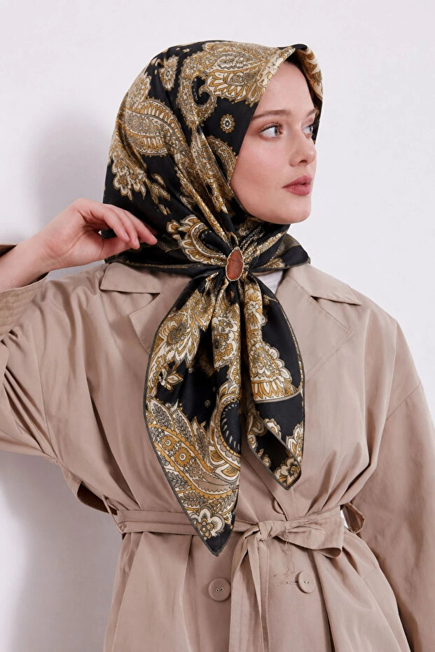 وشاح من القطن والحرير منقوش LS2207 15-أسود-أصفر فاتح