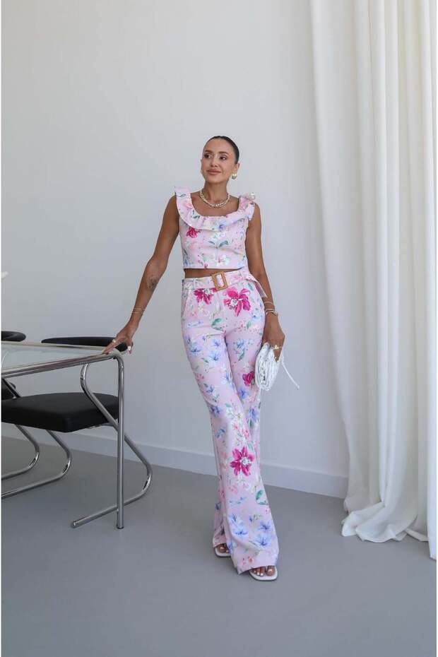 Pink Caren Floral Blouse and Pants Set