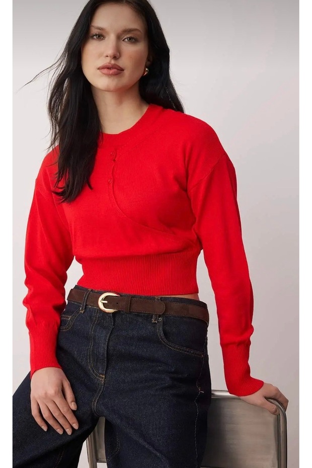 Red Crew Neck Combined Blouse-Cardigan Knitwear Sweater 34211