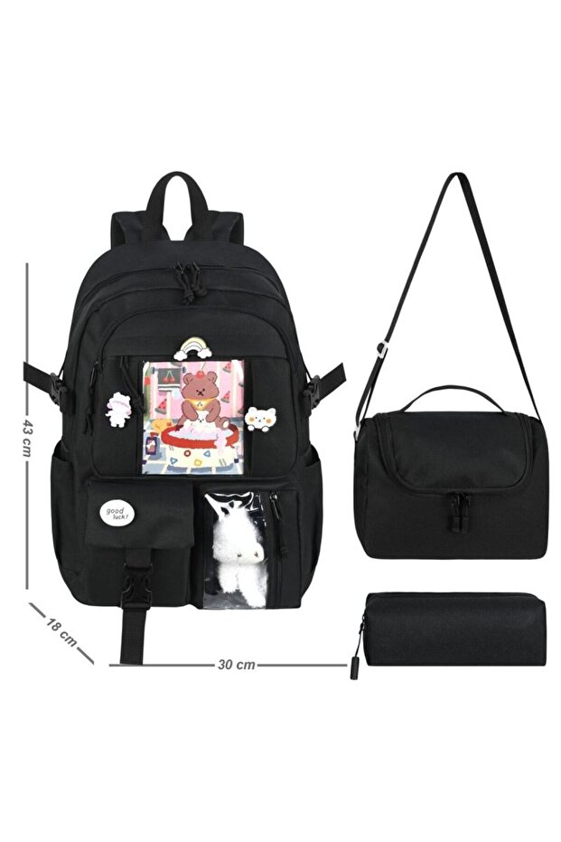 Korean Kawaii Style School Backpack, Daily Backpack Thermal Lunch Bag and Pencil Case Black 26700