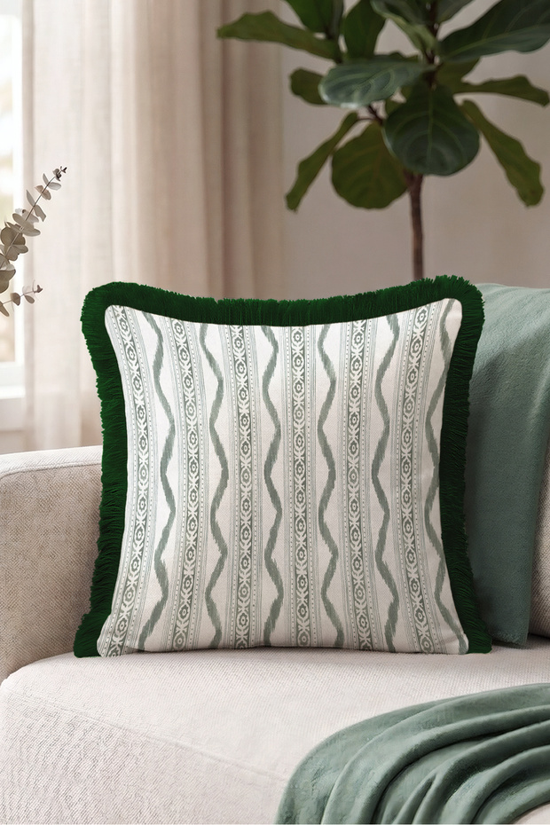 Ethnic Striped Zigzag Fringed Pillowcase - Tribal Geometric Green Black Tassel Throw Pillow Cover