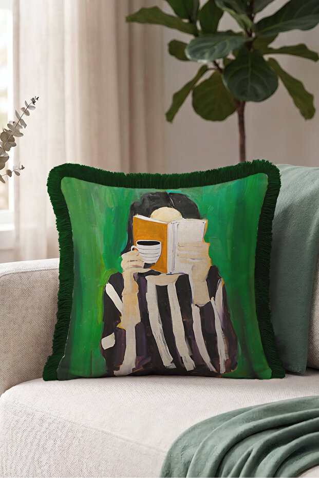 Female Figured Portrait Fringed Pillowcase - Artistic Coffee Green Black Gray Tassel Throw Pillow Cover