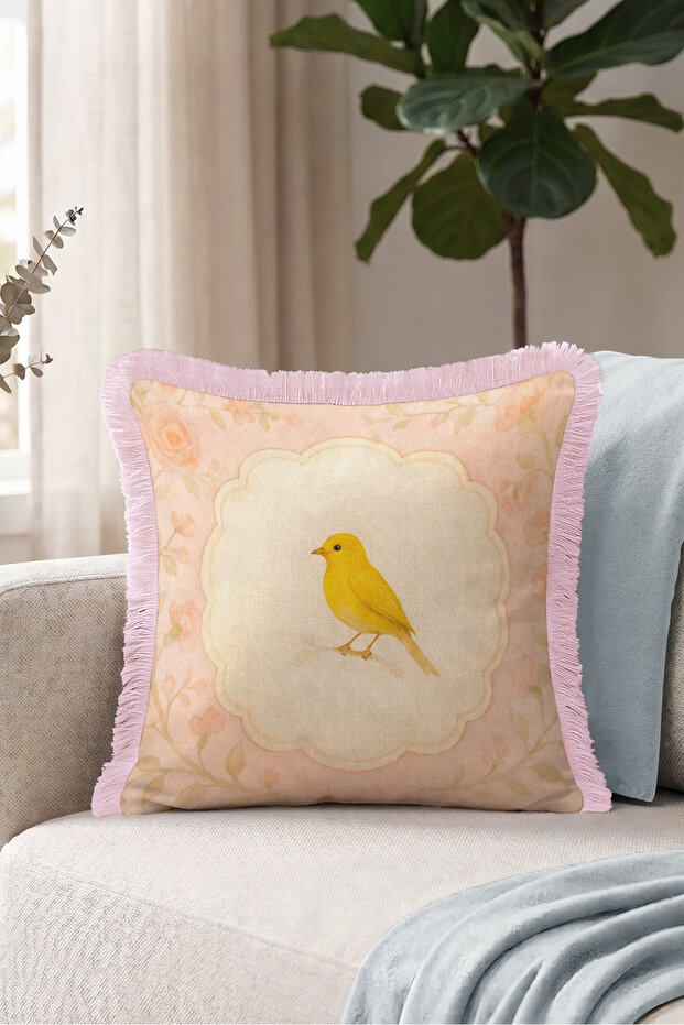 Vintage Bird Flower Elegant Fringe Pillowcase - Romantic Powder Yellow Pink Tassel Throw Pillow Cover