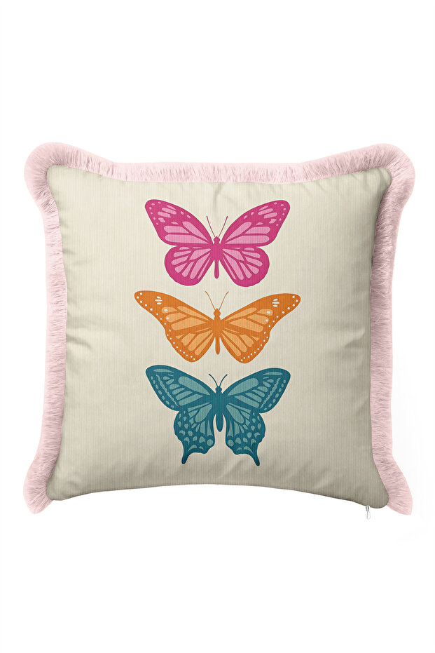 Butterfly Themed Colorful Elegant Patterned Fringed Pillowcase - Neon Bohemian Pink Tassel Throw Pillow Cover
