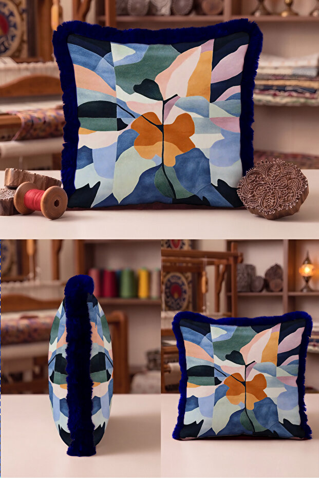 Abstract Floral Pattern Fringed Pillowcase-Artistic Floral Blue Pink Navy Blue Throw Pillow Cover with Tassels