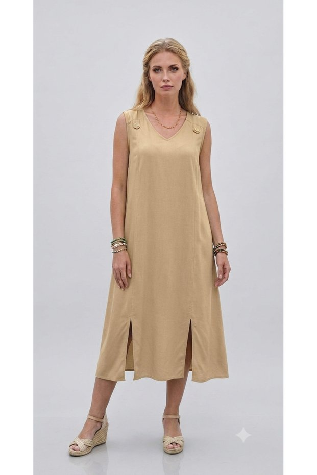Button Detail Back Lace-Up Women's Linen Dress
