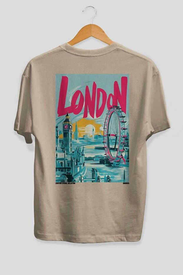 London England 3 Beige Oversize Country City Back Printed Unisex T-Shirt 100% Cotton Premium
